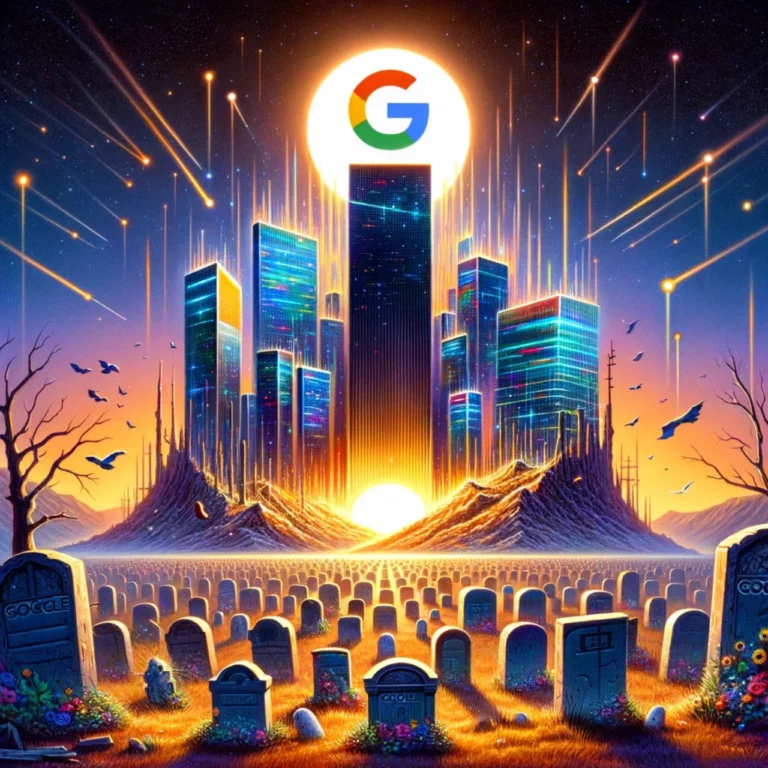 Futuristic cityscape with Google logo and cemetery at sunset.