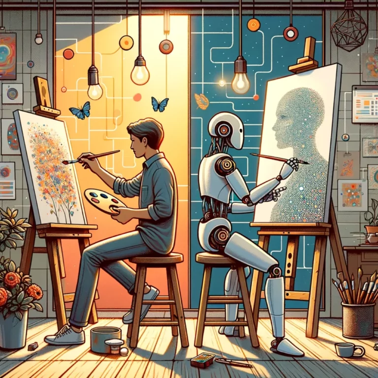 Artist and robot painting together in a vibrant studio.