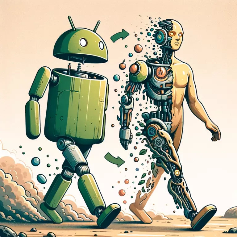 Futuristic androids walking, emanating colorful particles.