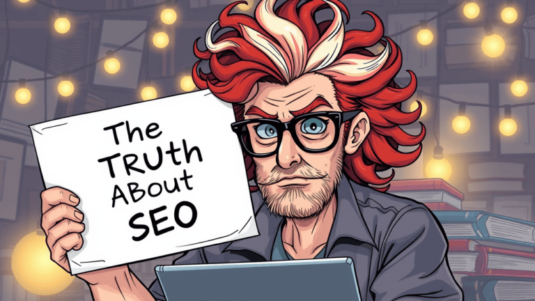 Animated man holding 'The Truth About SEO' sign