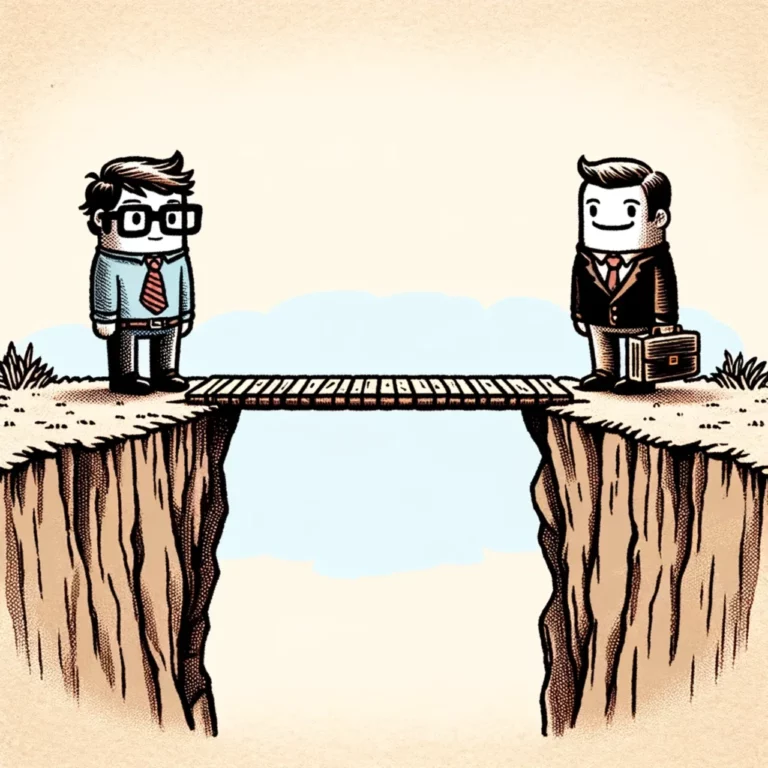 Cartoon of two men separated by broken bridge