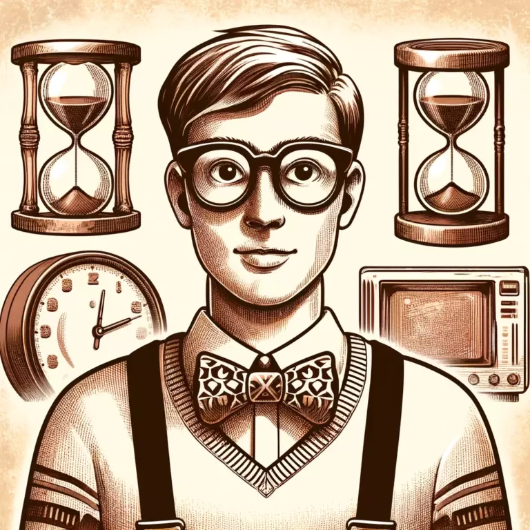 Retro styled man with glasses surrounded by timepieces