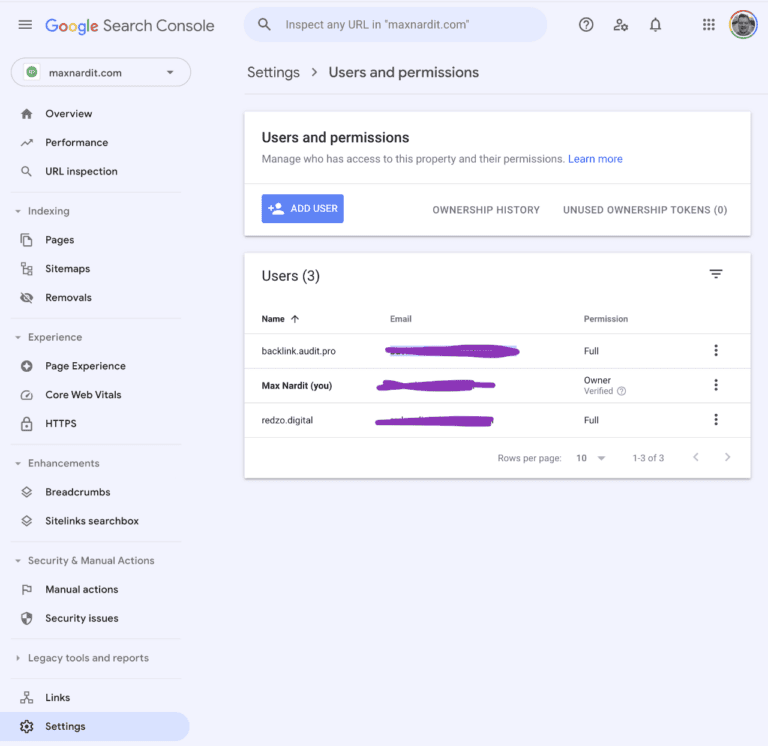 Screenshot of Google Search Console 'Users and permissions' page