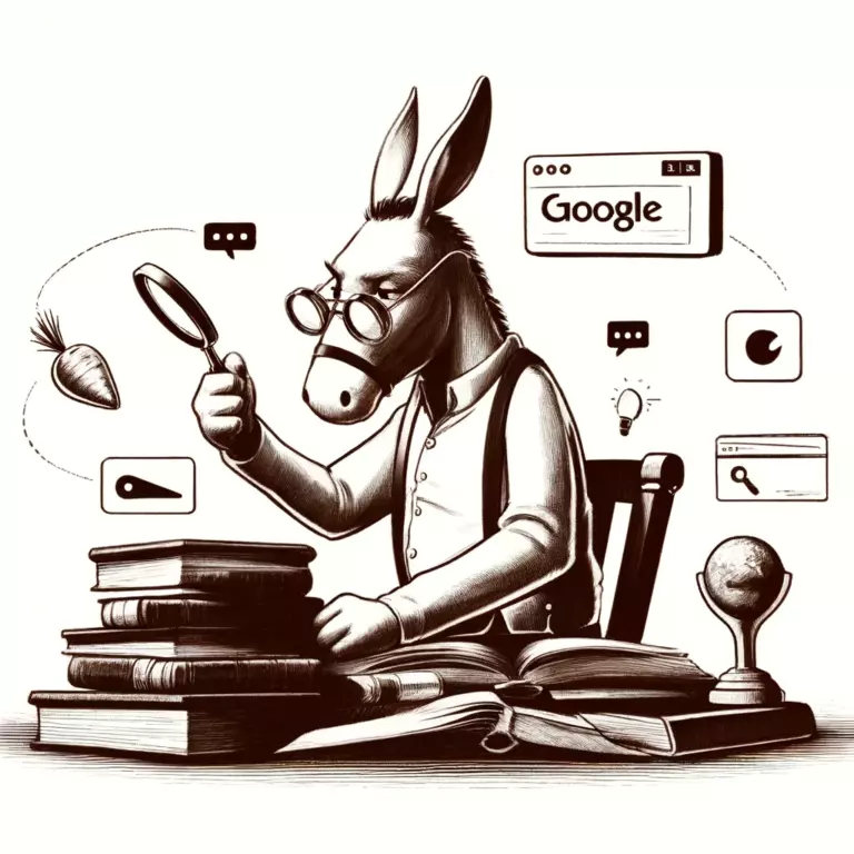 Cartoon donkey researching with books and digital tools