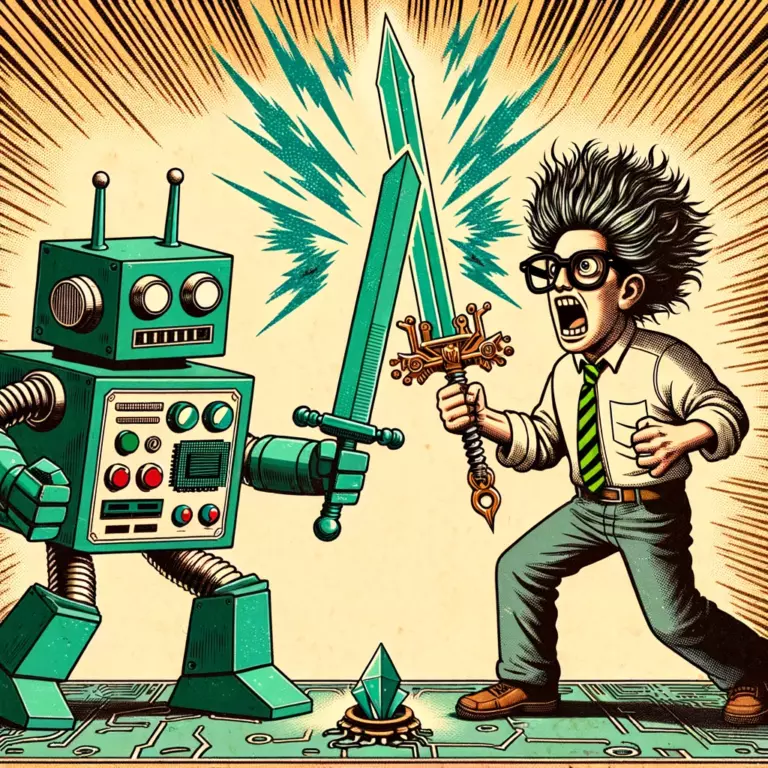 Mad scientist battles robot with glowing sword