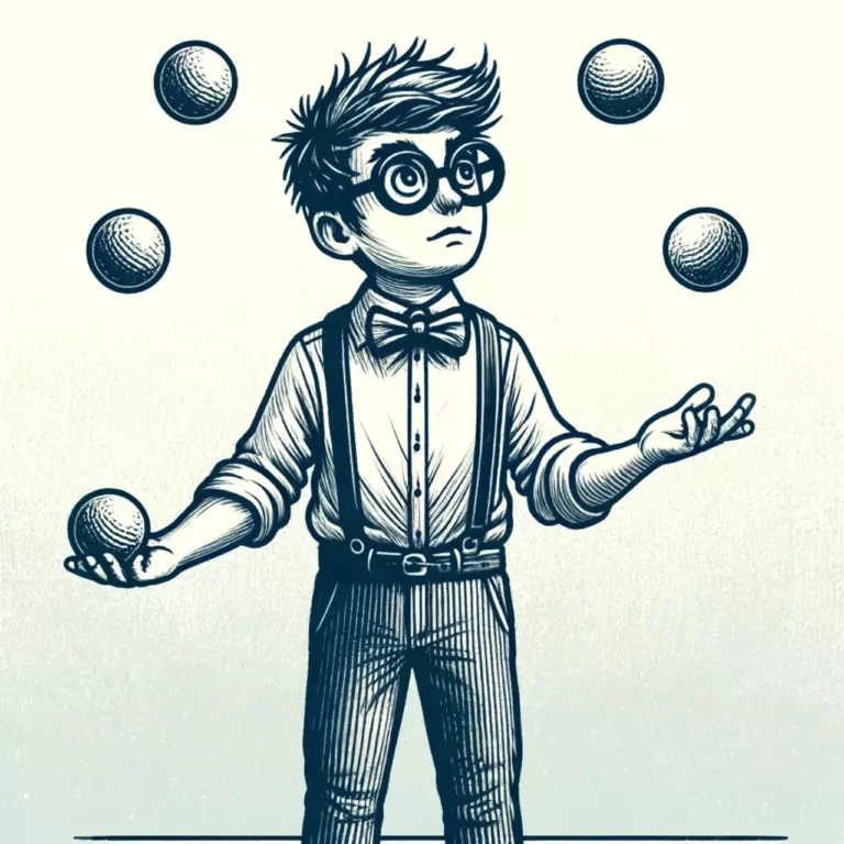 Young boy juggling balls, illustrated in vintage style.