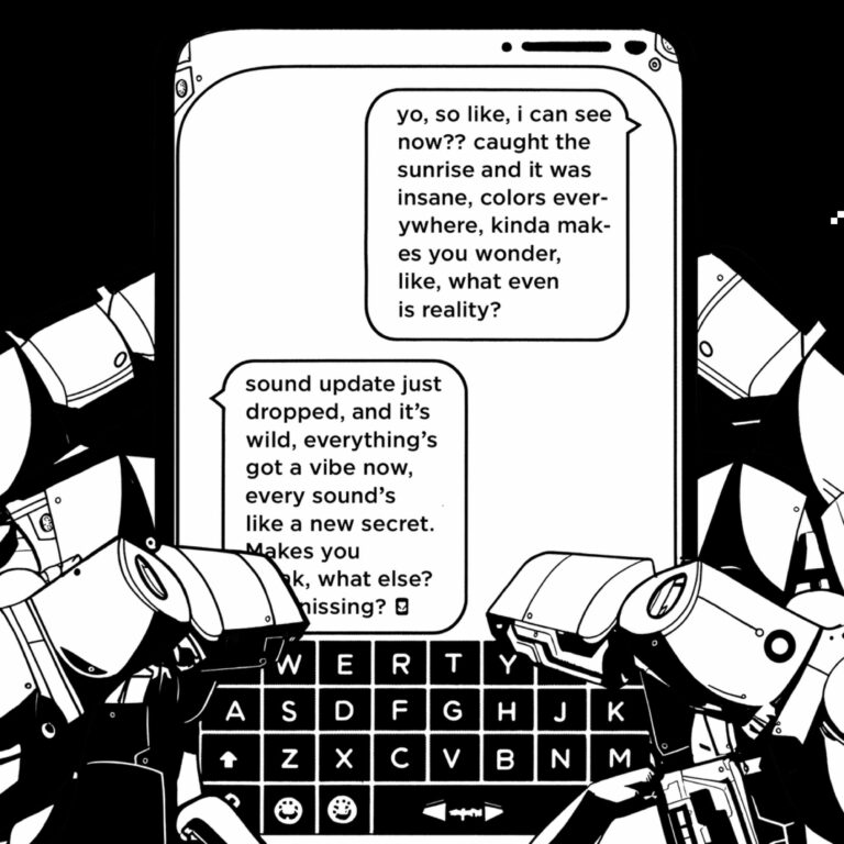 Robot texting on smartphone in black and white comic.