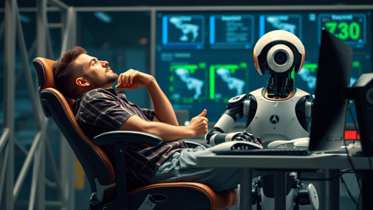 Man with robot in high-tech control room