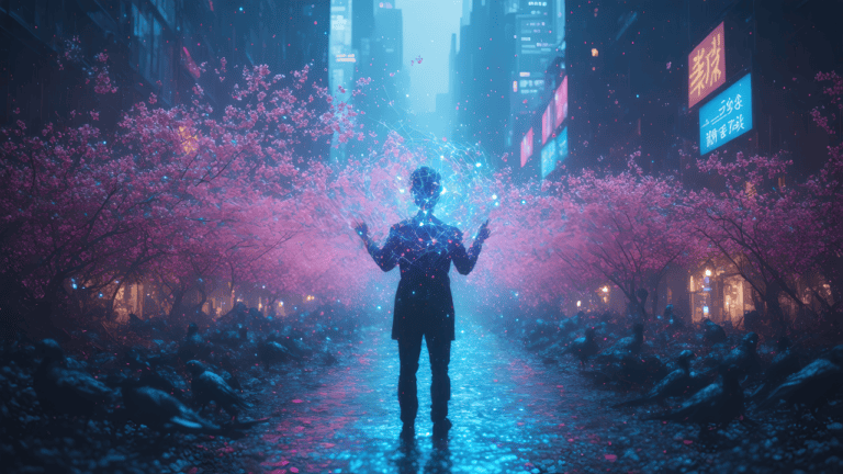 Futuristic city street with glowing pink cherry blossoms