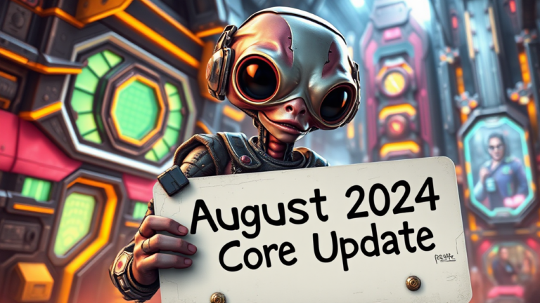 Alien holding sign 'August 2024 Core Update' in city