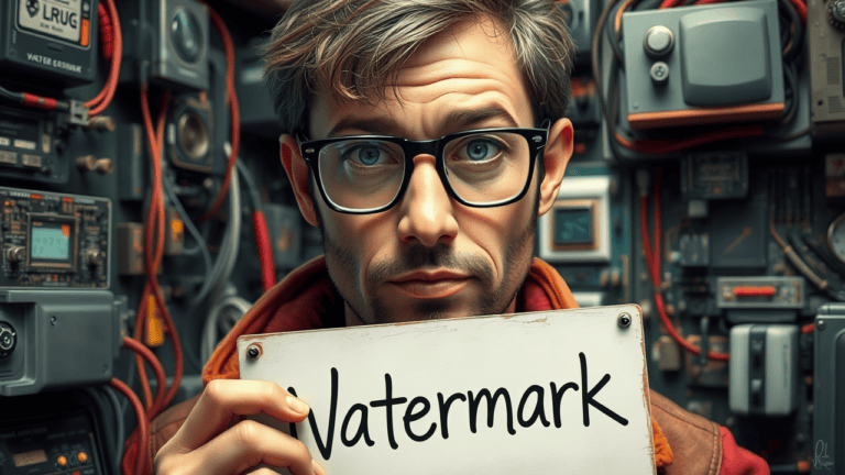 Man holding 'Watermark' sign in tech-filled room