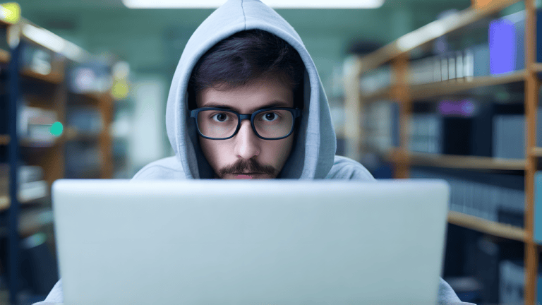 Focused man using laptop in library