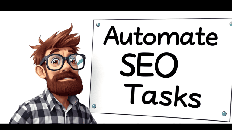 Animated man with sign 'Automate SEO Tasks'