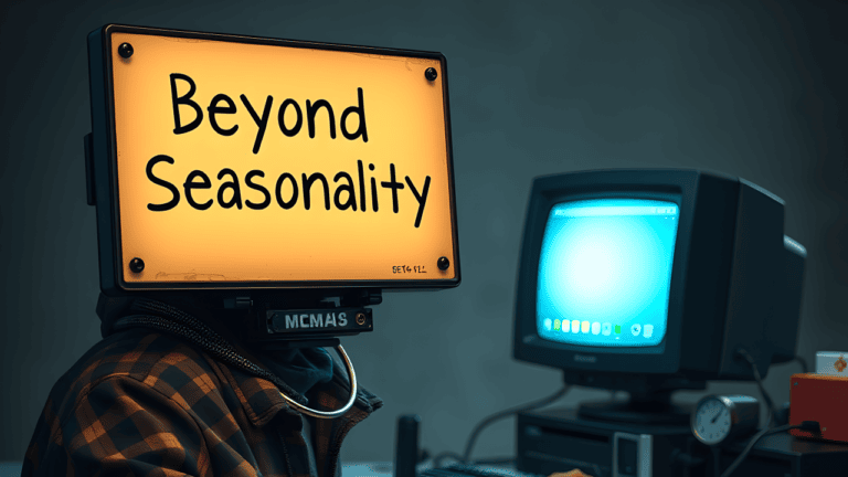 Person with TV head displaying 'Beyond Seasonality' sign