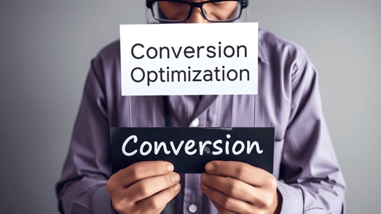 Man holding conversion optimization signs