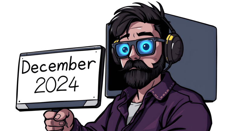 Cartoon man with headset showing December 2024 sign