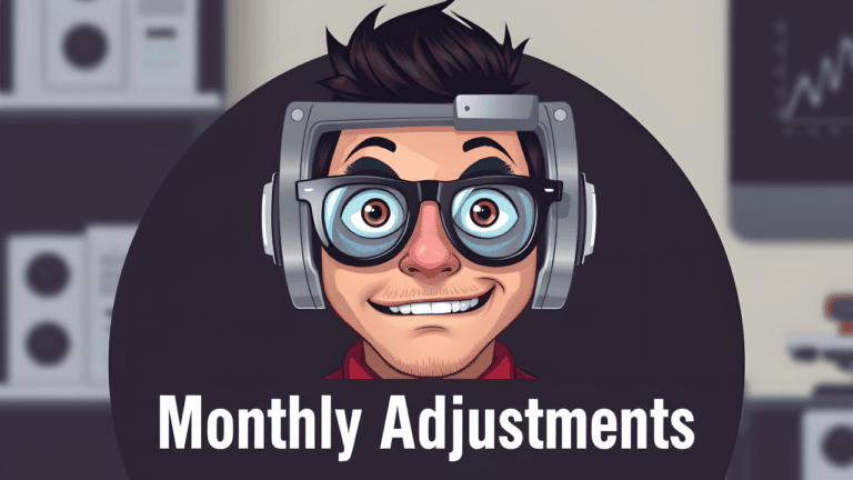 Cartoon man with headphones, banner titled 'Monthly Adjustments'