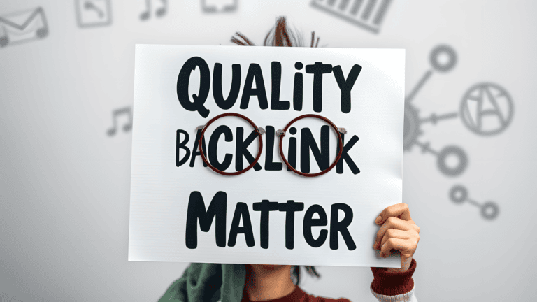 Person holding 'Quality Backlink Matter' sign with icons