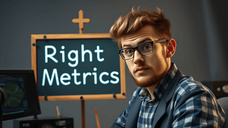 Man with glasses near 'Right Metrics' neon sign