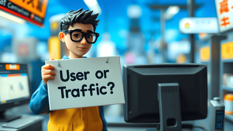 Animated character holding 'User or Traffic?' sign