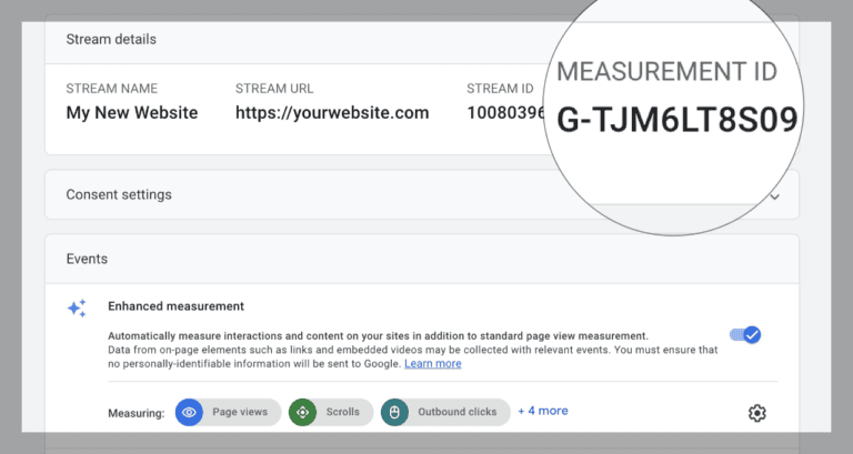 Analytics configuration interface with measurement ID