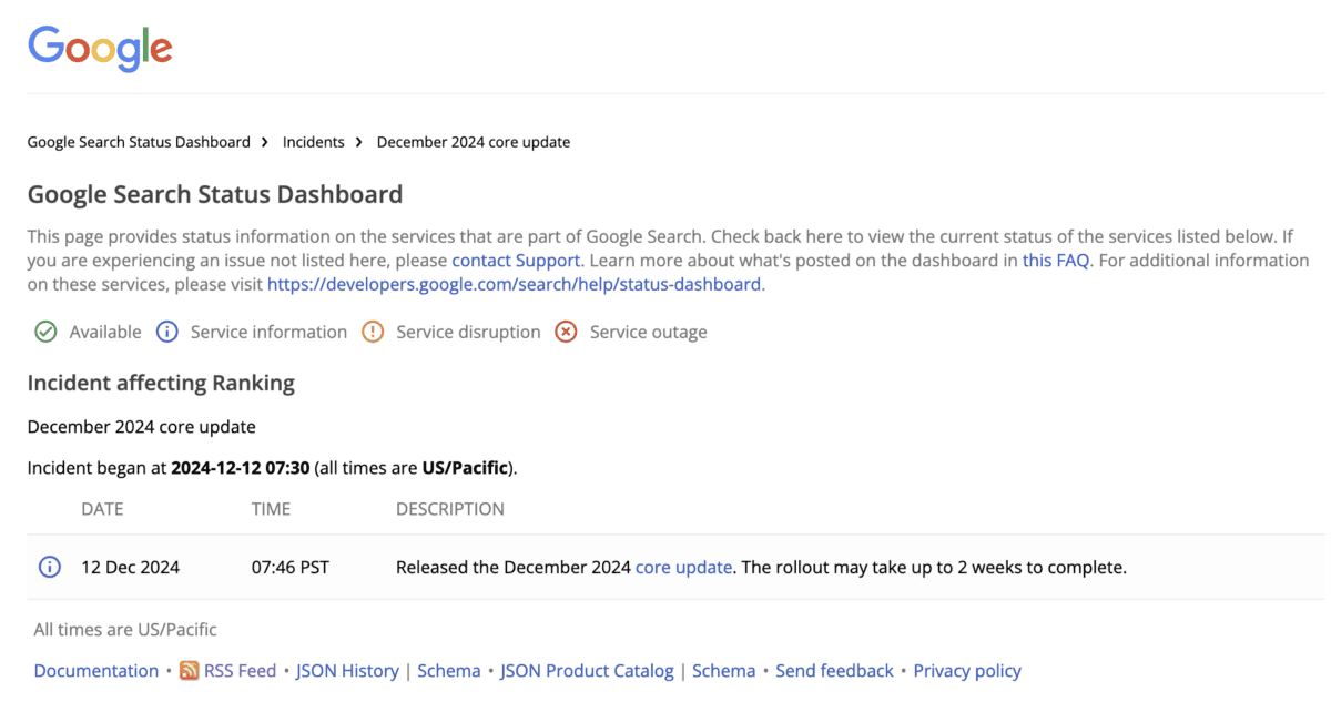 Google Search status update regarding December 2024 core update