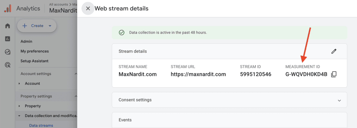 Web analytics stream details interface highlighting measurement ID.