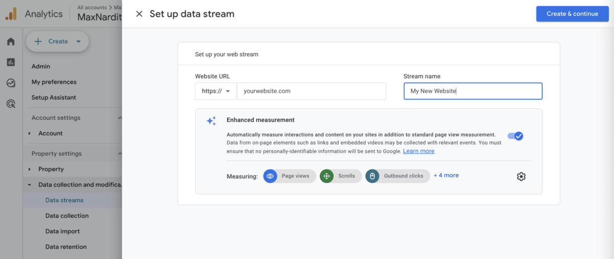 Analytics website setup screen for data stream configuration