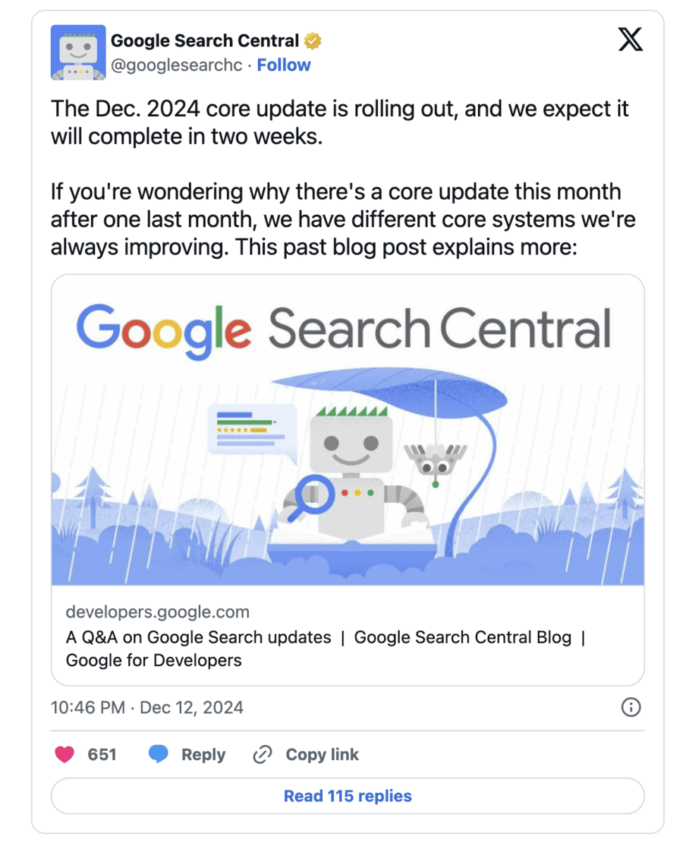 Illustration announcing Google Search Central core update.