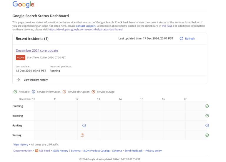 Google Search Status Dashboard showing recent updates and issues