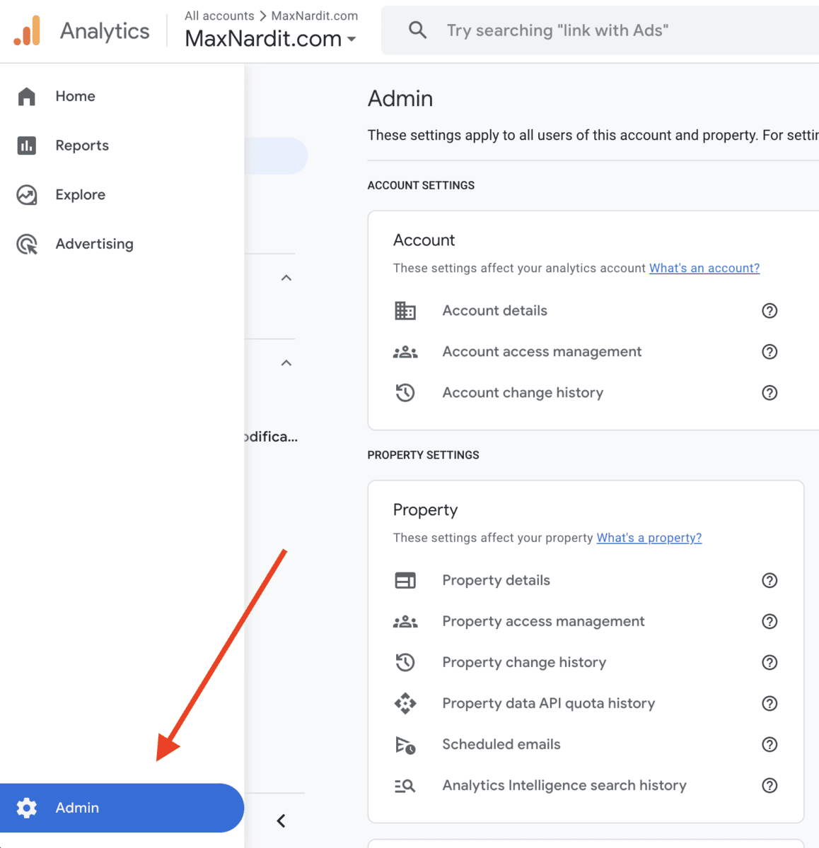 Analytics website page showing Admin settings overview